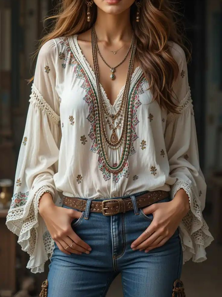 Women V-neck Ethnic Style Long - Ethnic Boho Fashion ulasan dan harga
