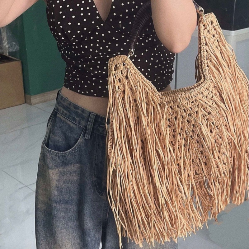 Bohemian Tassel Straw Handbag  - Ethnic Boho Fashion ulasan dan harga